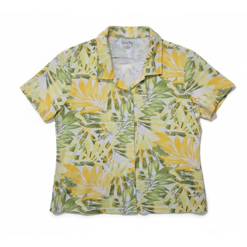 Coral Bay Tropical Floral Button Front Blouse Womens XL Yellow Green Lightweight